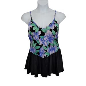 VINTAGE 80s one piece swimsuit with‎ skirt floral pattern XL